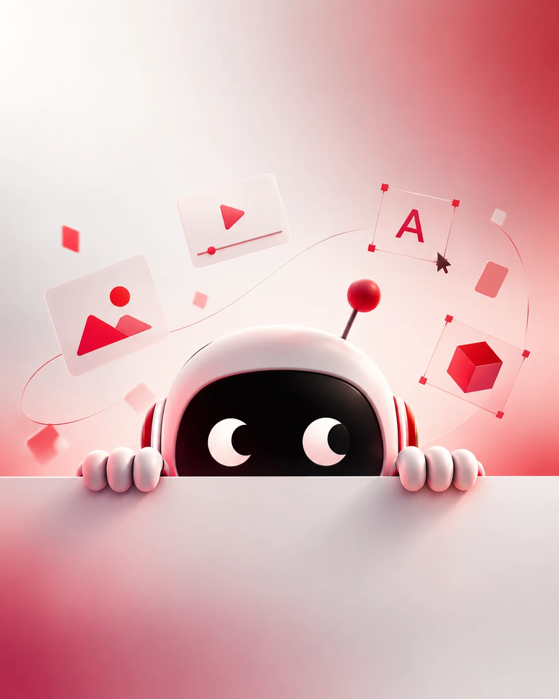 A RedPencil robot peeking over a ledge surrounded by image, video, type and 3D panels