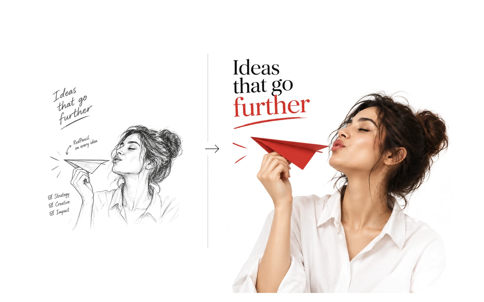 A hand drawn idea sketch beside the finished AI rendered visual